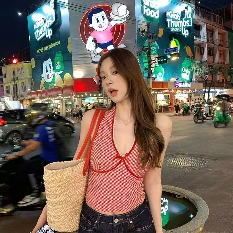 夏季背心纯欲风蕾丝拼接花边格子背心吊带性感辣妹修身V领上衣