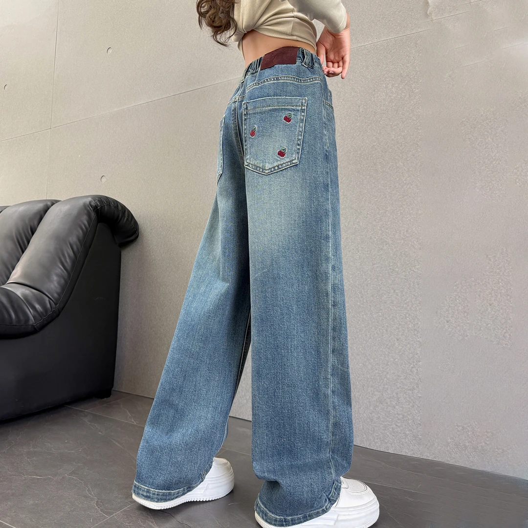 女童裤子早秋2025新款秋装女孩刺绣樱桃炸街直筒阔腿裤儿童牛仔裤