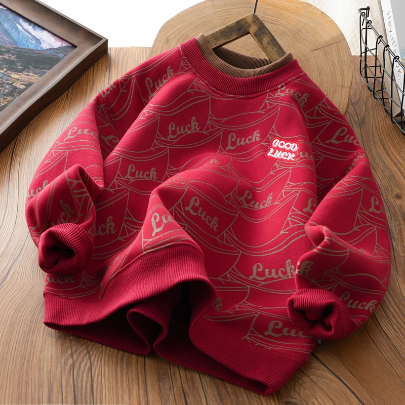 儿童红色喜庆国风年服男女童冬加绒拜年服萌娃洋气套头假两件卫衣