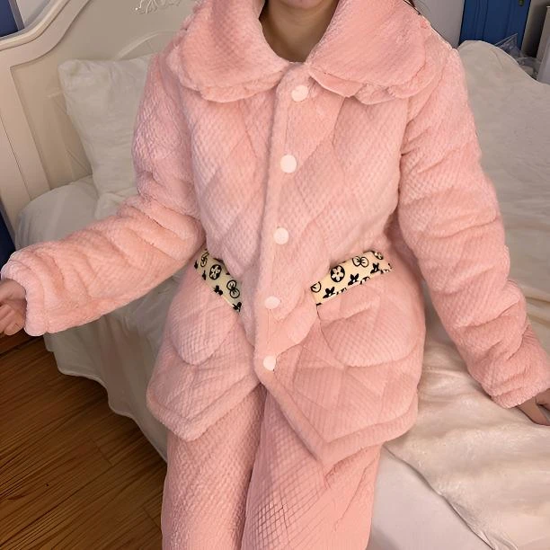 冬季加绒加厚法兰绒三层夹棉保暖中长款家居服女士冬款