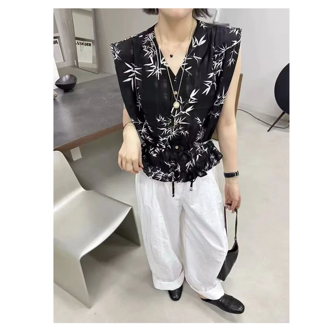 夏款V领设计感宽松薄款叶子印花气质女装上衣