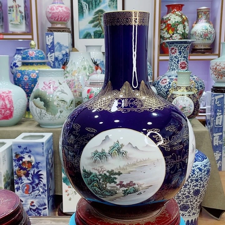 花瓶龙**A全手工宝蓝开窗粉彩天球瓶