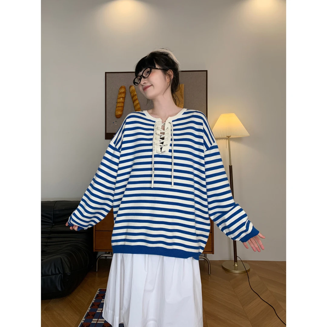 慵懒风宽松设计感绑带条纹毛衣女韩版秋冬新款百搭显瘦针织衫套头
