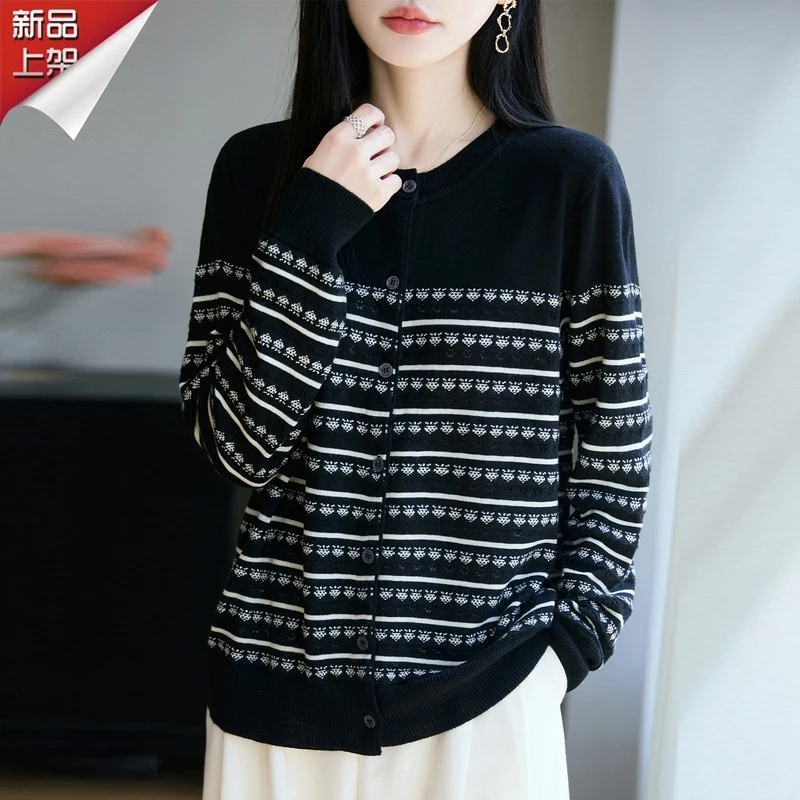 哥弟阿玛施正品2025新款圆领拼色羊毛衫女宽松型显瘦休闲针织上衣
