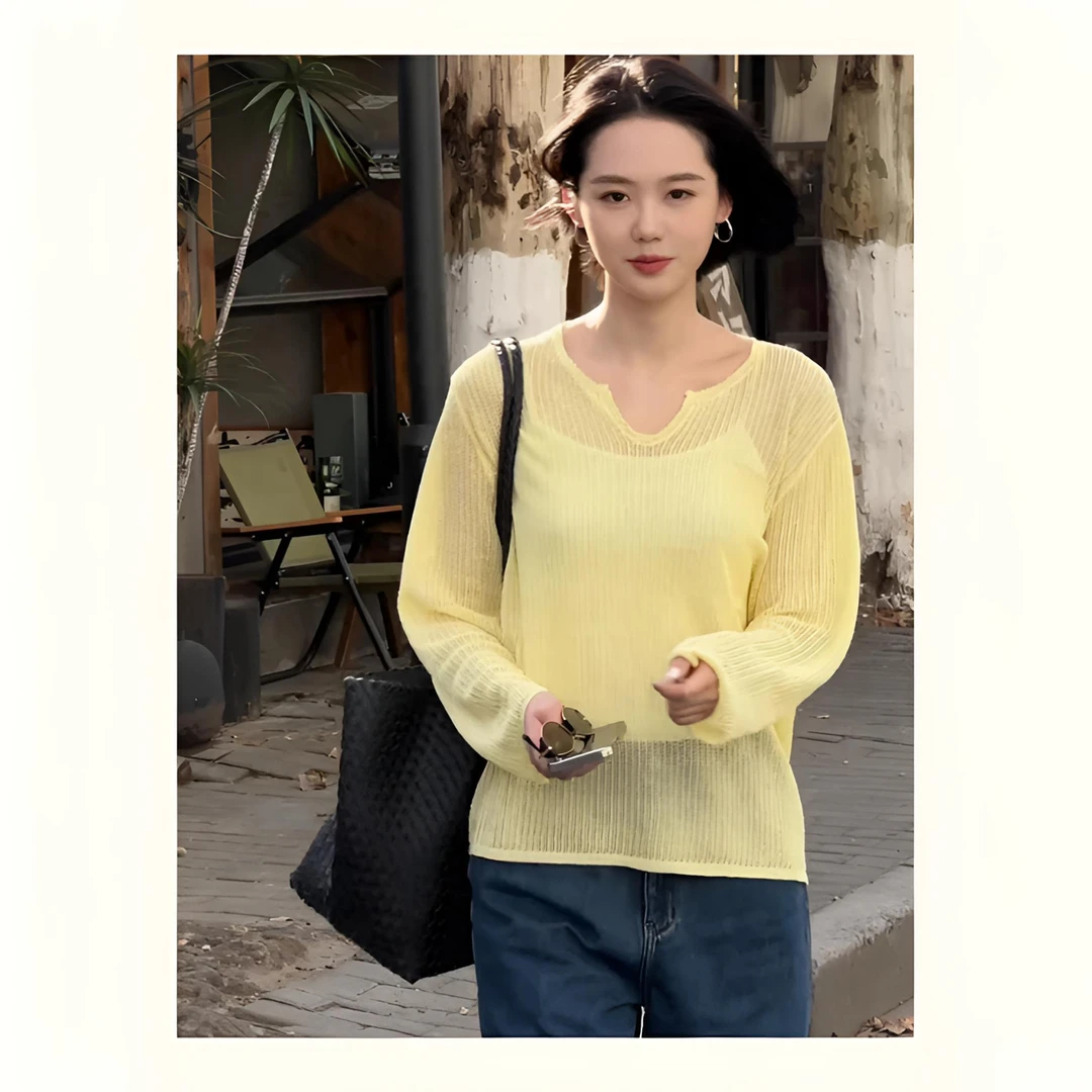【现货】超显白温柔黄色小v领镂空防晒针织衫女慵懒外搭罩衫上衣