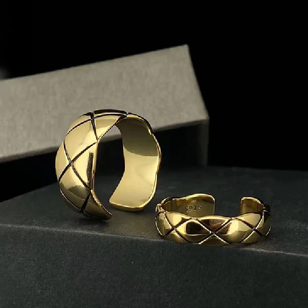 925银戒指 A164复古ins风香风宽细菱格银戒指