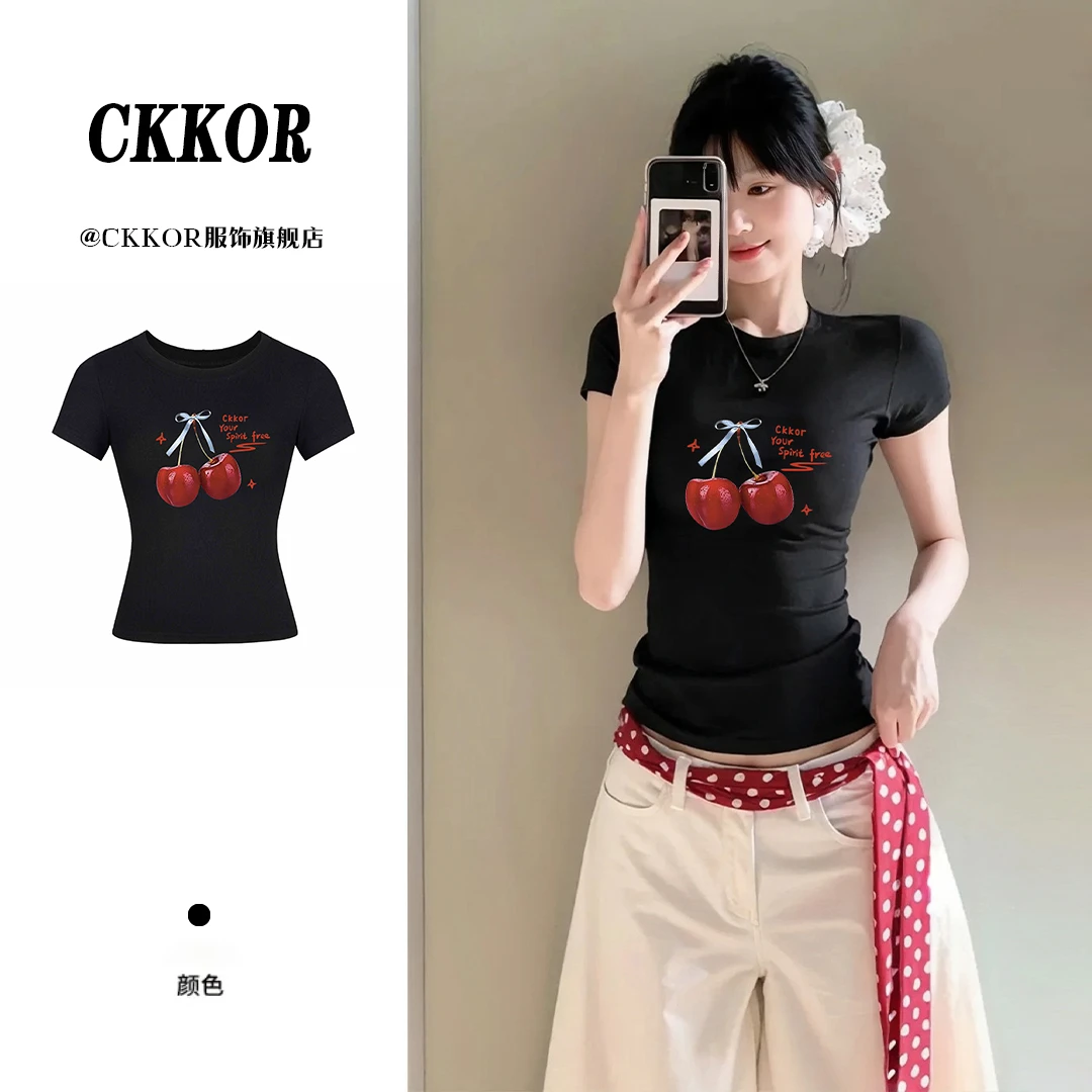 CKKOR夏季短款修身显瘦短袖t恤女辣妹ins新款穿搭韩系设计感上衣