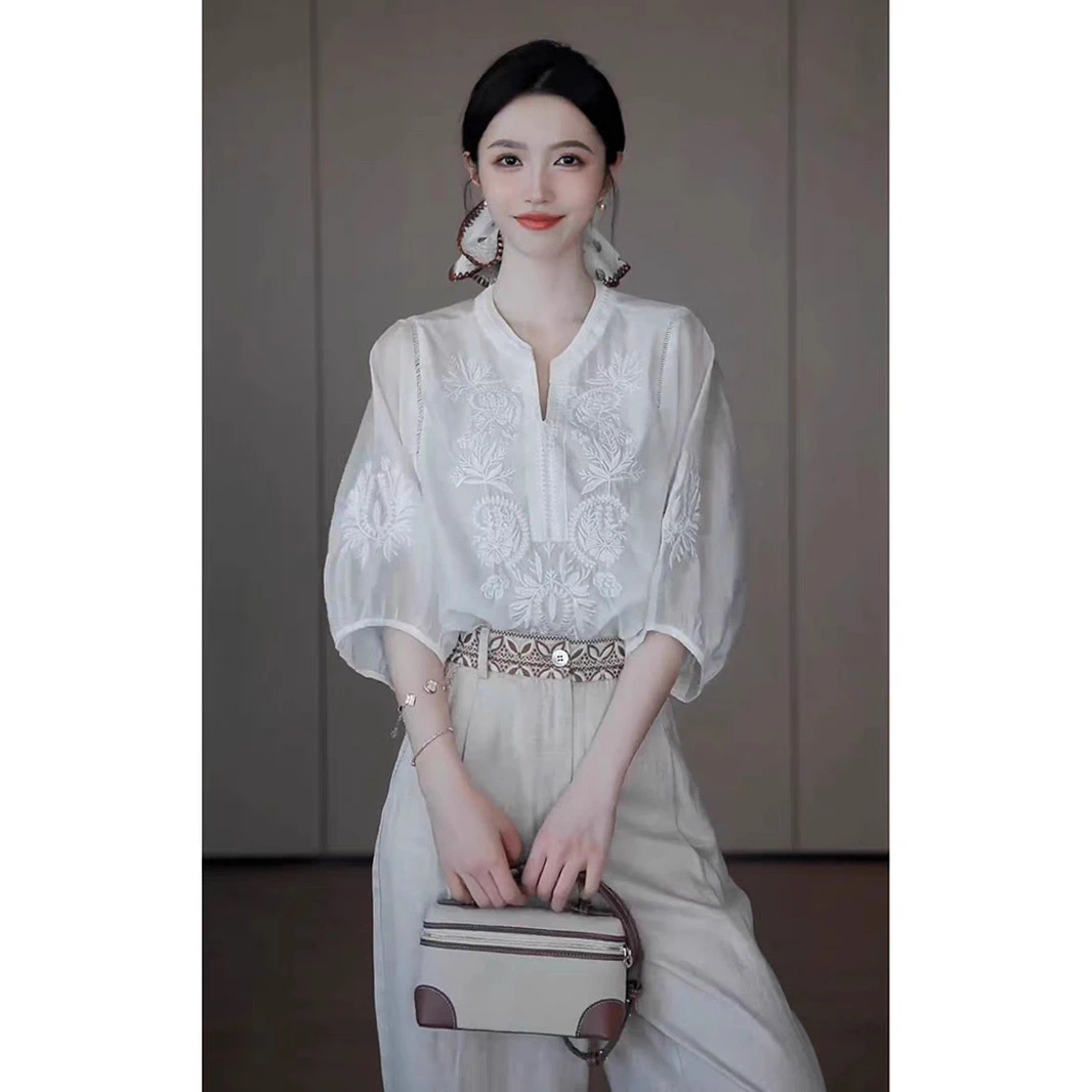 夏季新款新中式国风穿搭干练法式气质高级感大方得体白色衬衫套装