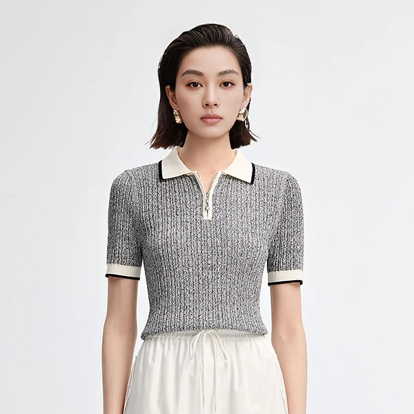 三彩3COLOUR夏女时装运动白色撞边POLO领短袖毛衫S25237210M20
