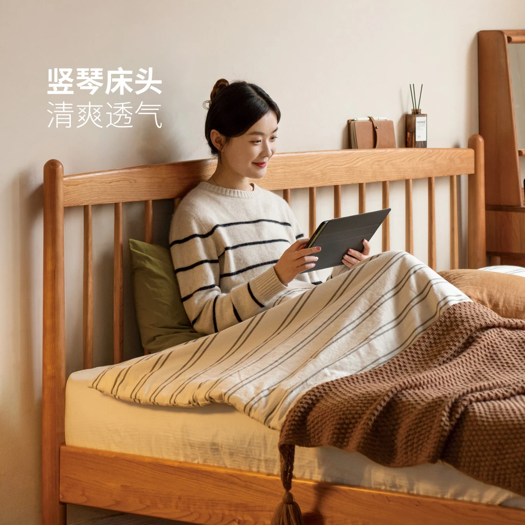 源氏木语语实木床卧室双人床樱桃木竖琴床中古风1.8米大床Y102B09