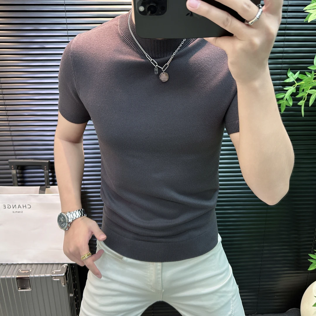 高端轻奢男士半高领针织衫短袖T恤潮流时尚修身百搭上衣半袖毛衣