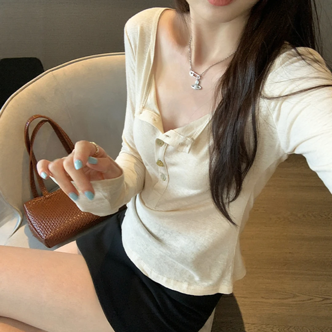 纯欲风辣妹半开领收腰长袖T恤女早秋穿搭修身正肩内搭打底衫上衣