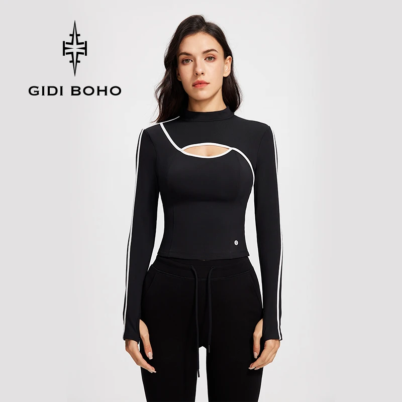 GIDI BOHO/极地薄荷春季新款时尚打底紧身户外运动撞色长袖健身衣