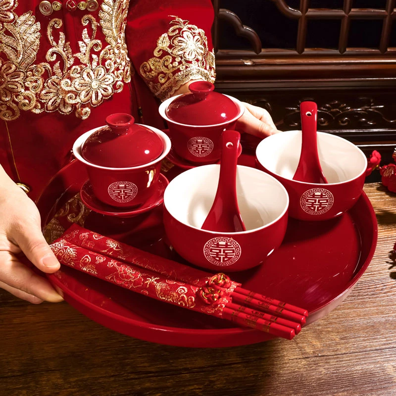 仙仁鑫婚庆喜碗敬茶杯子结婚礼改口喜杯对杯对碗筷套装女方陪嫁用