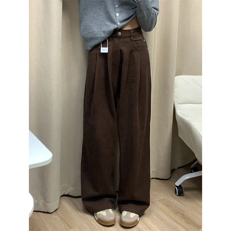 棕色高腰褶皱阔腿牛仔裤女2025秋季流光色新款宽松显瘦垂感拖地裤