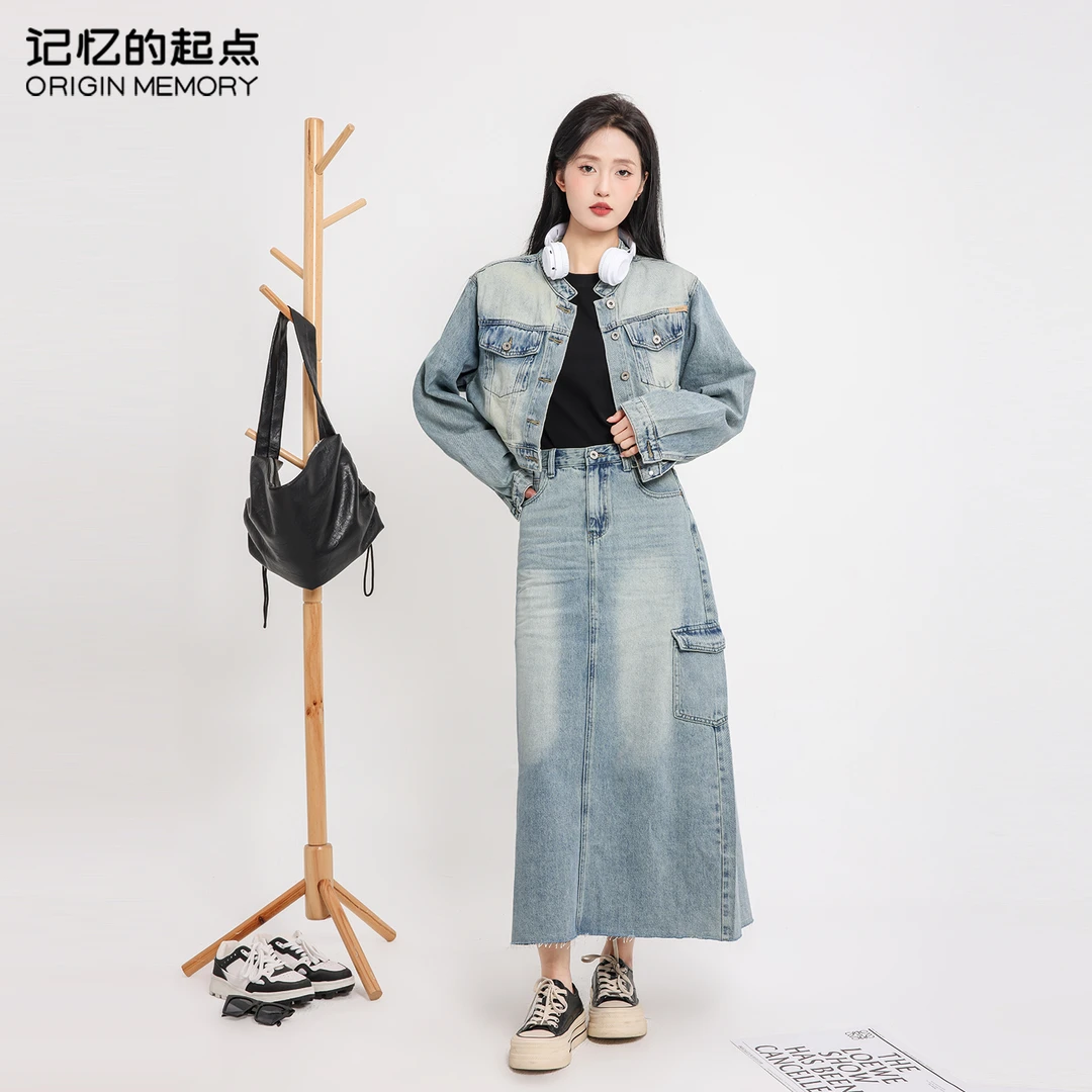 记忆的起点复古套装裙女牛仔开衫短外套半身长裙两件套68AX89767