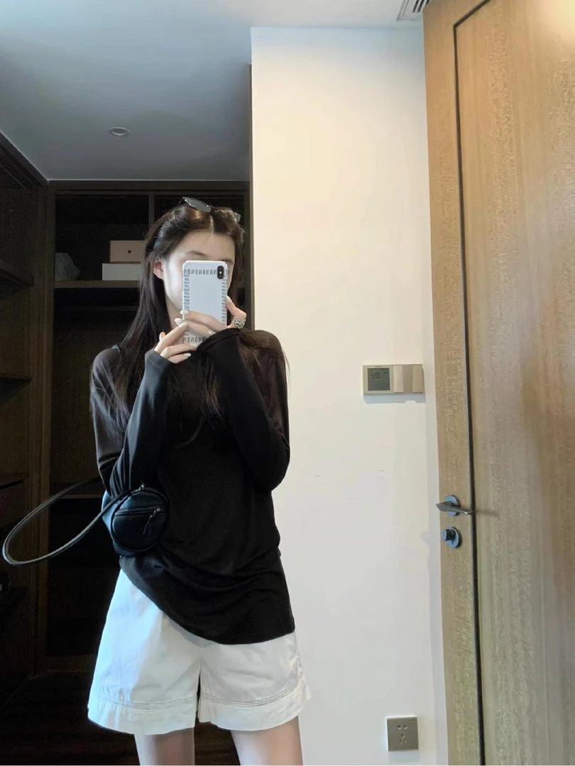 韩系慵懒风薄款冰丝防晒长袖T恤上衣女2025夏季休闲直筒短裤套装