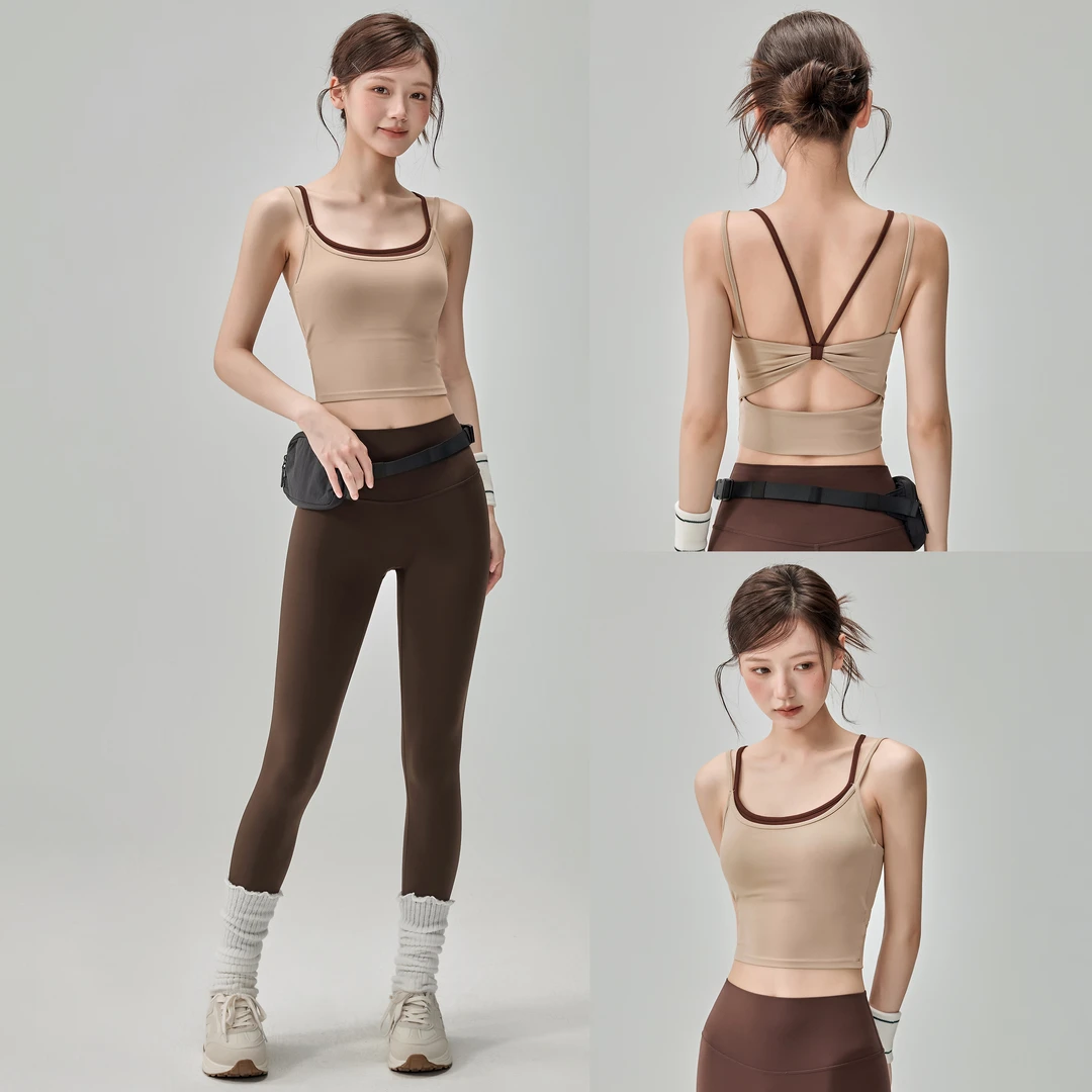 岚纹美背一体式瑜伽内衣女防震拼色健身背心外穿跑步训练运动文胸