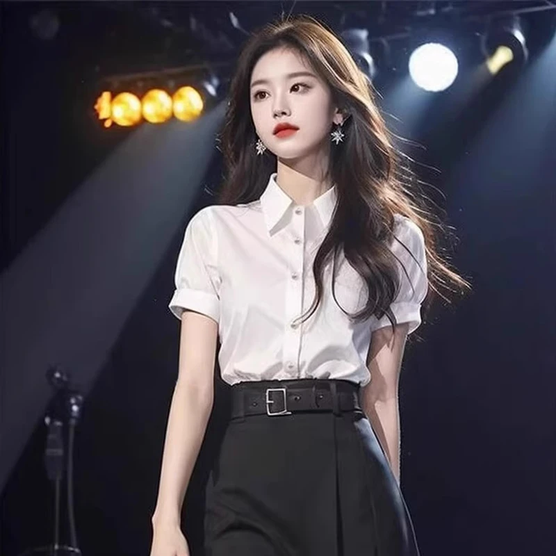 别致漂亮法式短袖衬衫女夏款小个子通勤休闲翻领高级气质白色上衣