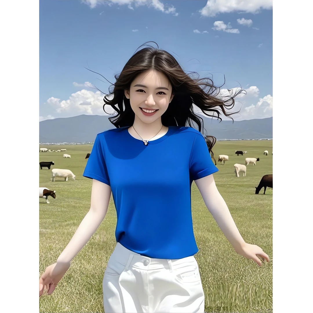 韩版夏季休闲显白克莱因蓝正肩圆领短袖T恤女宽松休闲上衣打底衫