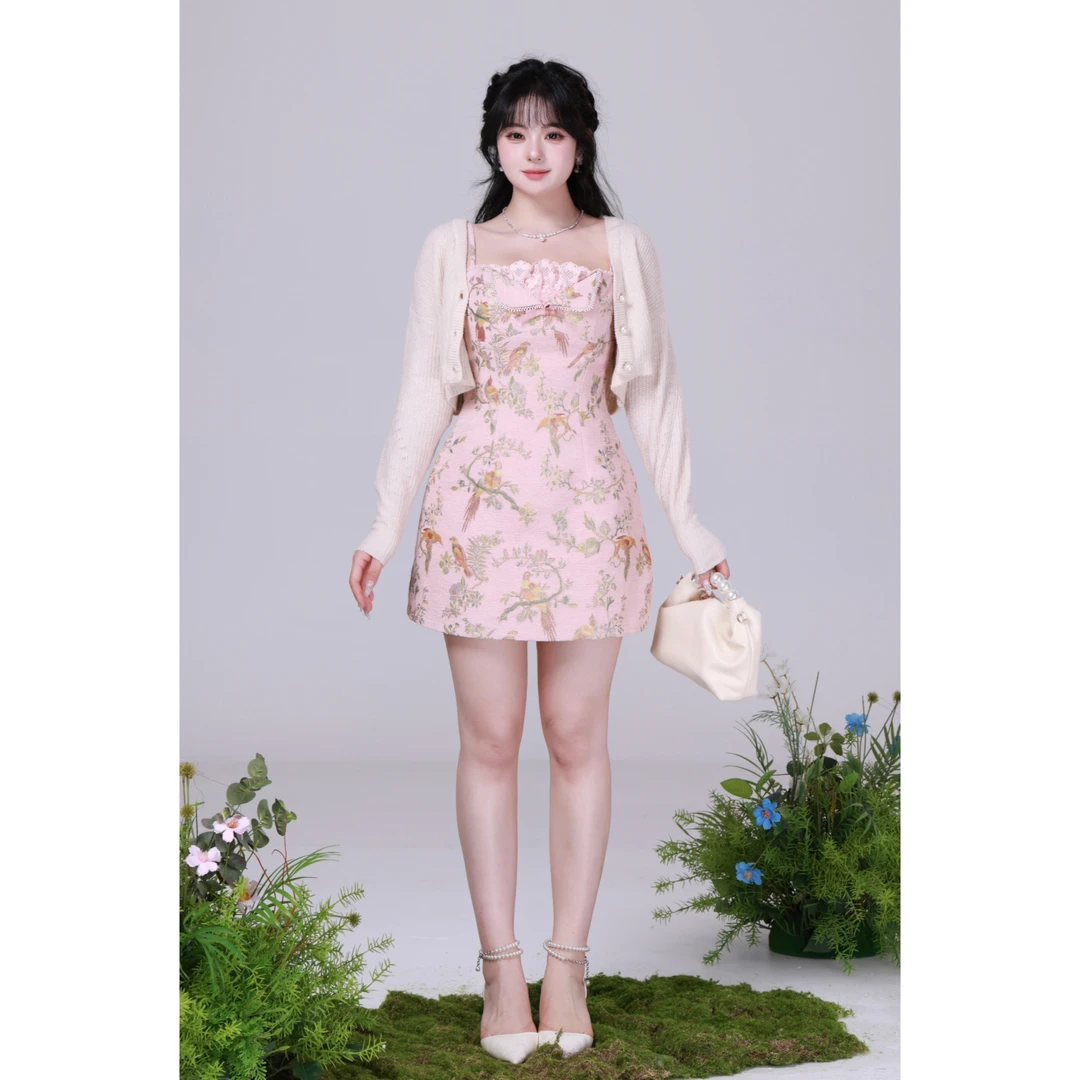 618清清MengFairy 【花间迷雾】碎花新中式吊带连衣裙温柔开衫套装