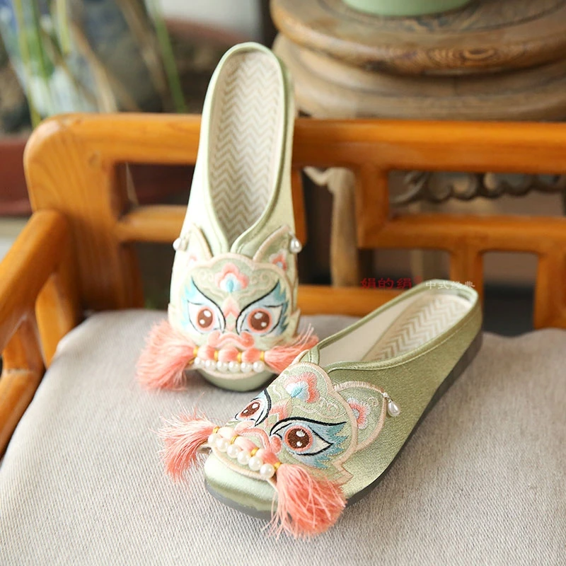 国潮平底拖鞋非遗手工虎头鞋居家新中式老虎鞋民俗风舒适布拖鞋女