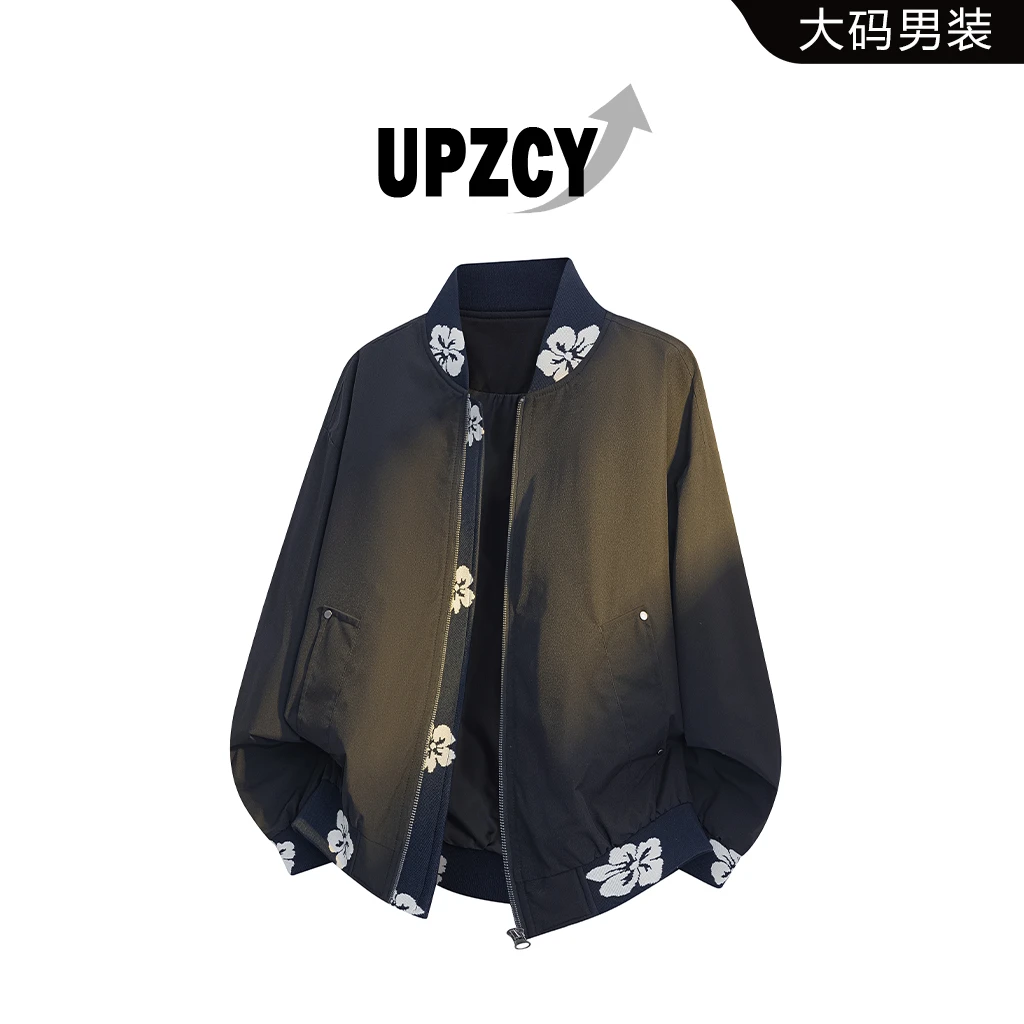 UPZCY美式大码拼接夹克男士春秋刺绣棒球服外套飞行外套上衣服