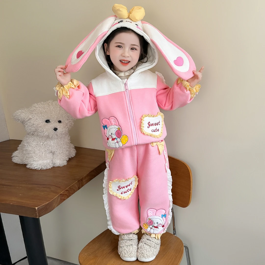 女童加绒套装冬季2025新款卡通儿童宝宝连帽外套冬装洋气保暖衣服