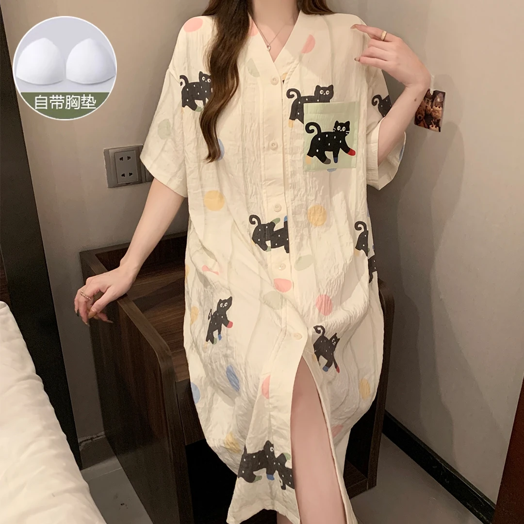 夏季短袖云朵棉睡裙卡通甜美宽松中长款女士睡裙大码ins家居服