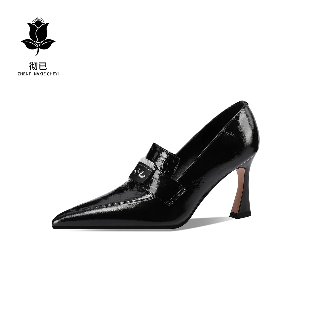 单鞋女妈妈款头层牛皮2025春季新款粗跟尖头真皮黑色金属扣高跟鞋
