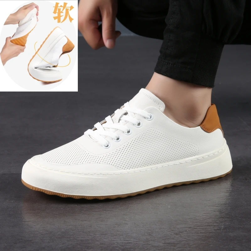一脚蹬设计男鞋2025夏季新款透气小白鞋男士真皮高级感打孔板鞋男