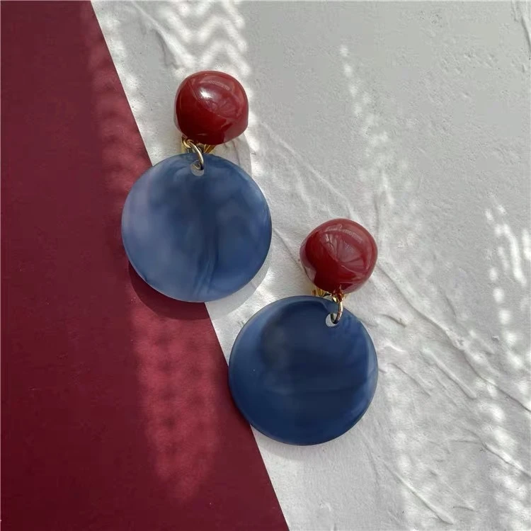 铜合金树脂耳饰 港风复古红蓝撞色云雾感圆片耳环个性小众耳饰女