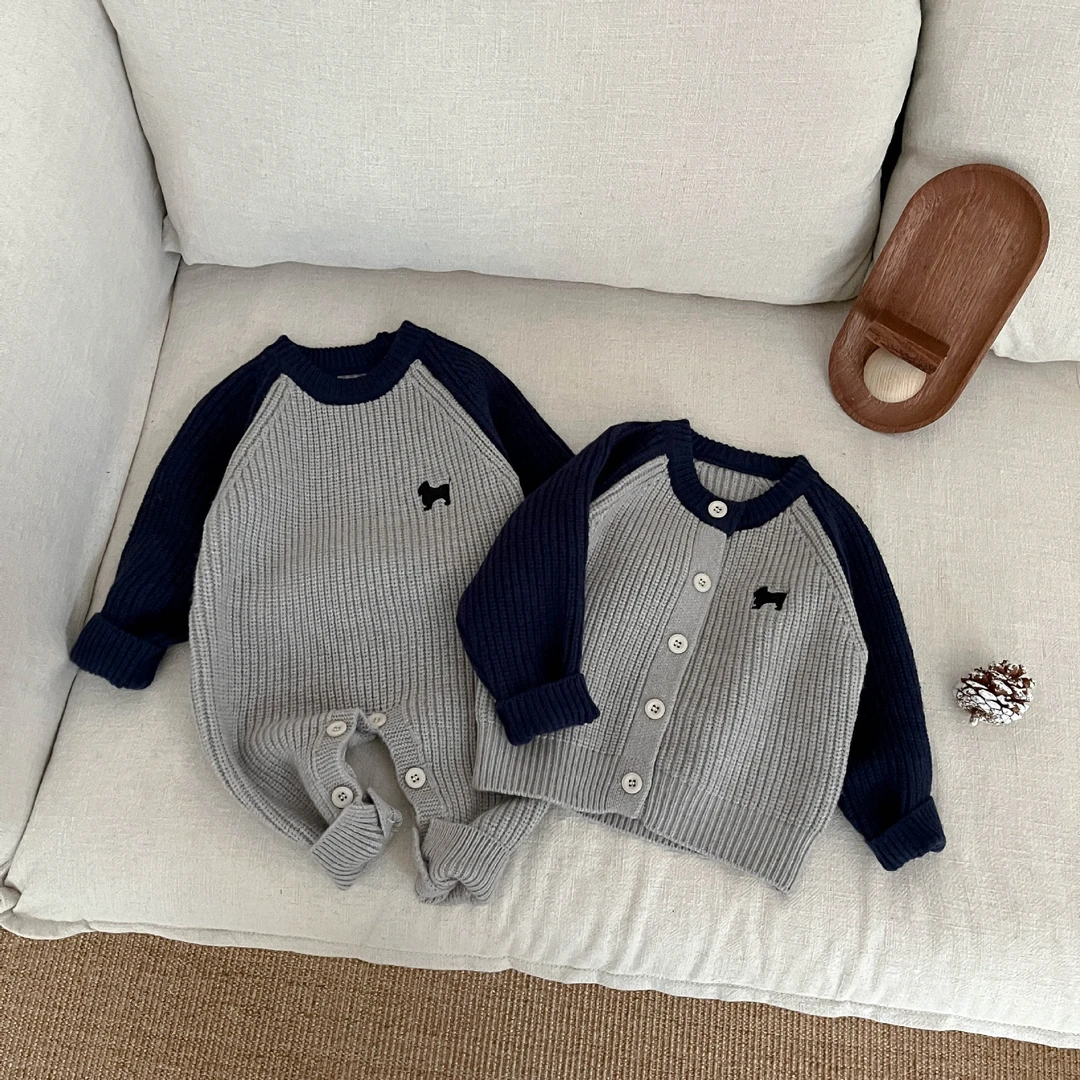 童装秋冬新款洋气针织毛衣爬服婴儿撞色连体衣哈衣外出开衫外套