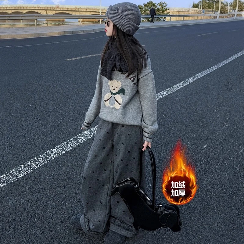 女童冬季套头毛衣针织衫套装2025新款女大童冬装加绒阔腿裤两件套