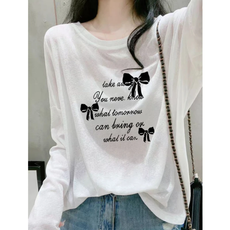 夏季2025新款白色小众冰丝上衣女宽松长袖t恤女薄款套头防晒罩衫