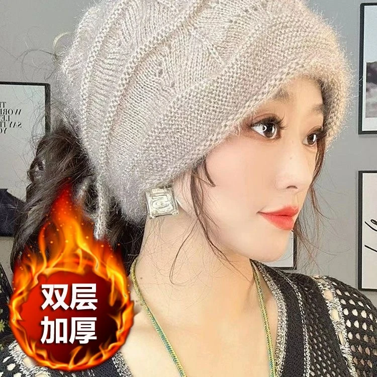 松鼠绒双层加厚针织帽子毛线扎马尾多用围脖抽绳保暖堆堆帽时尚