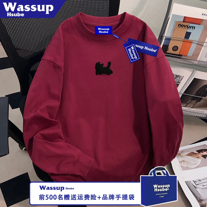 WASSUP HSUBE可爱小狗印花T恤秋季纯棉高级长袖ins男女酒红色上衣