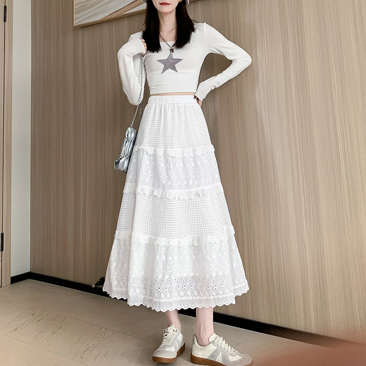 蛋糕裙女春秋新款气质蕾丝百褶裙显瘦小个子网纱高腰a字半身长裙