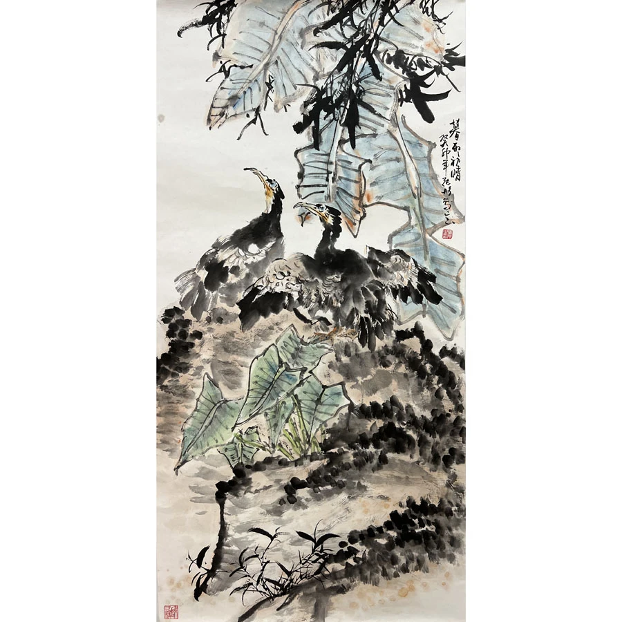 张彤先生 亲笔手绘 4尺整张 竖幅芭蕉鱼鹰 原作一张