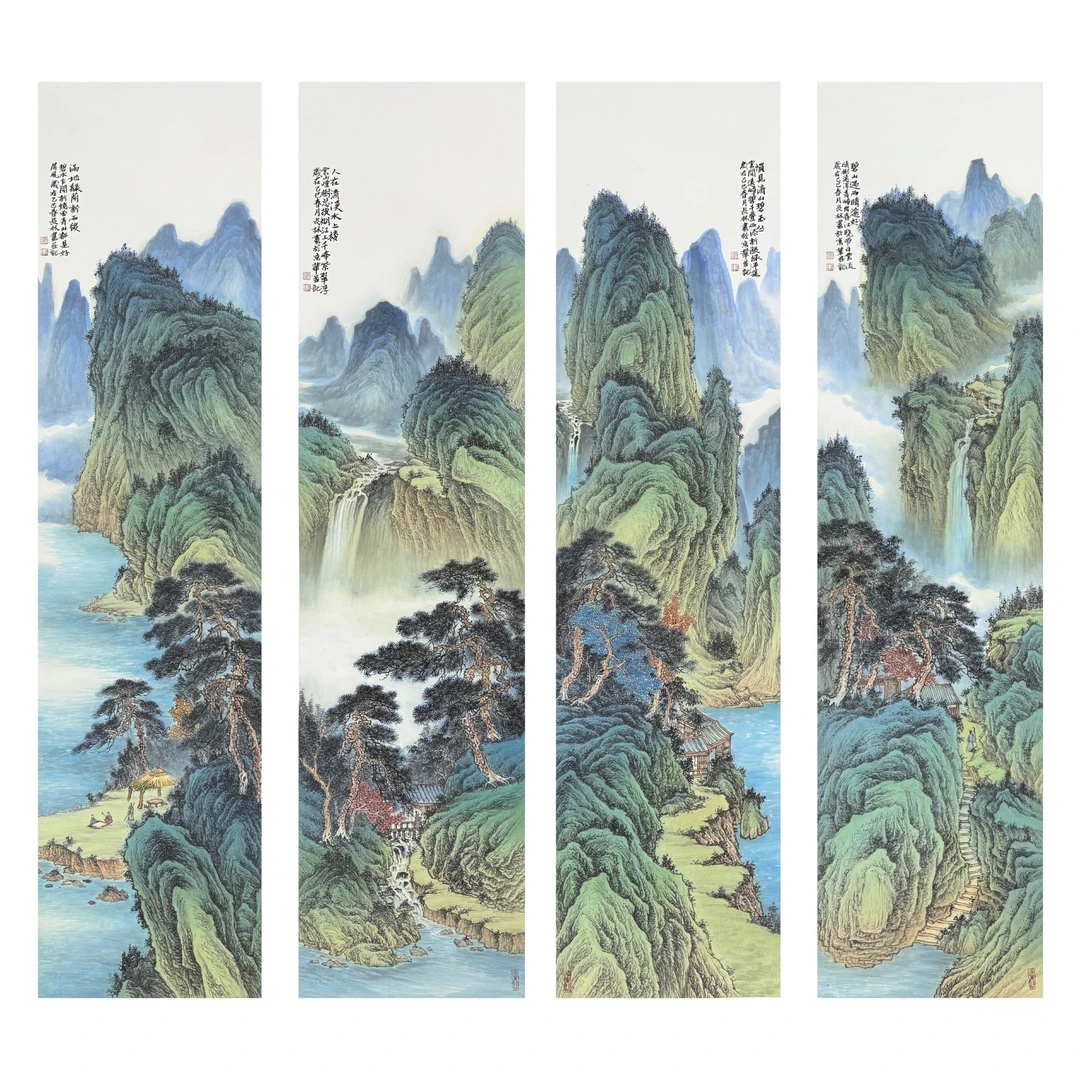 卫长林 四尺对开四条屏140*34cm*4 仿古青绿工笔山水纯手绘国画