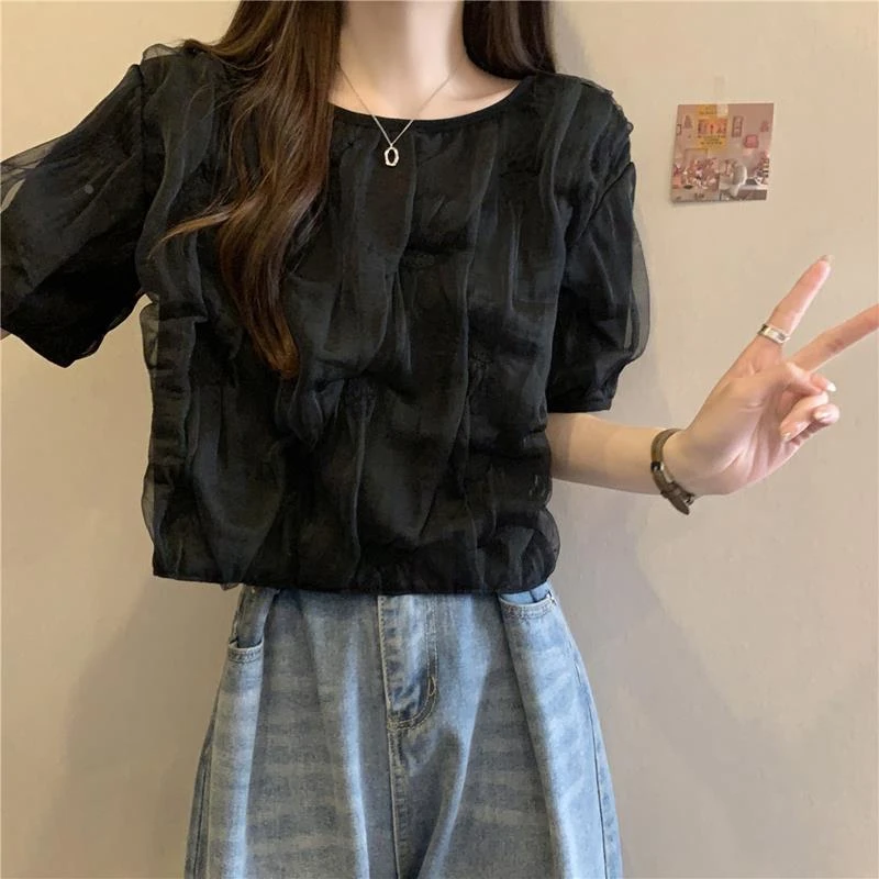 dhini大码2025新款雪纺衬衫女夏短袖胖mm宽松设计感法式短款泡泡