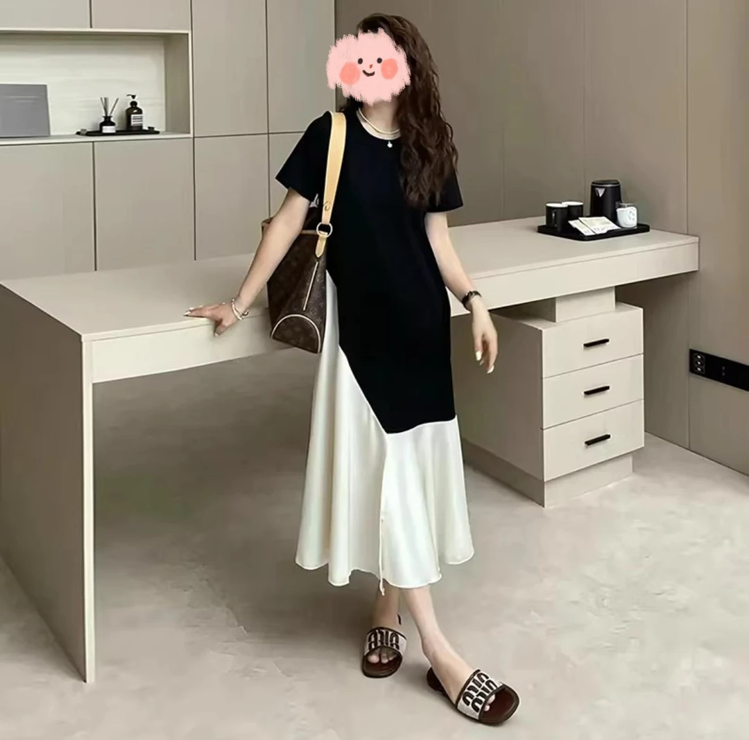 大码装胖mm法式圆领不规则拼接短袖连衣裙女2025夏季显瘦气质长裙