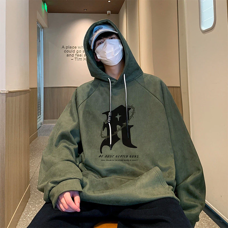 麂皮绒连帽卫衣男士初秋2025新款美式青少年外套宽松300g重磅衣服