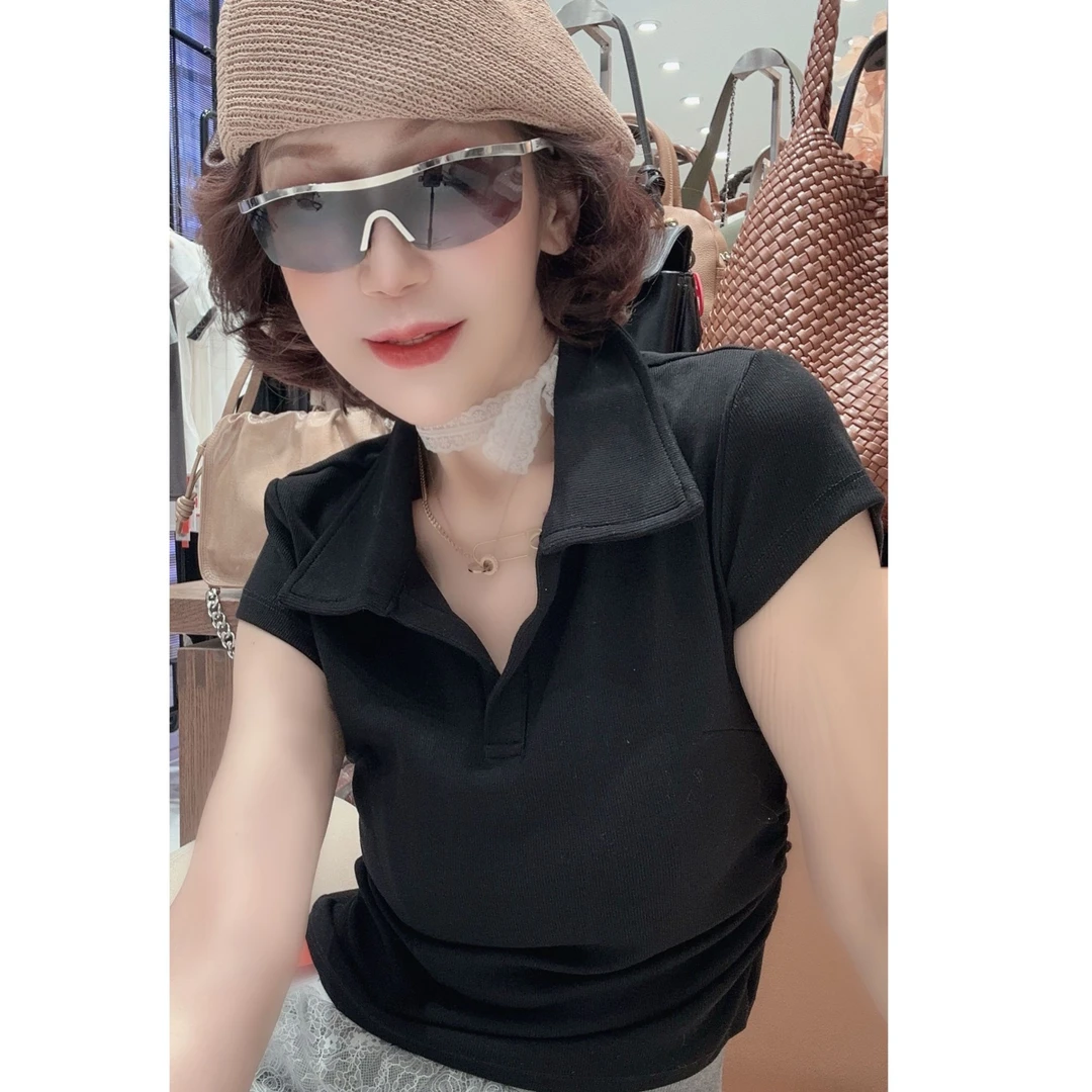 [68岁小姐姐]美式设计感收腰polo衫翻v领正肩修身短袖T恤YX 6119
