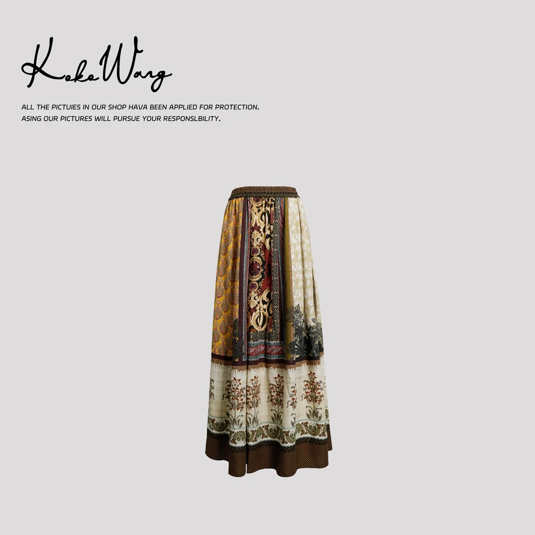 KOKO WANG天丝麻复古定位印花A字大摆度假风半身裙545504L29Q07