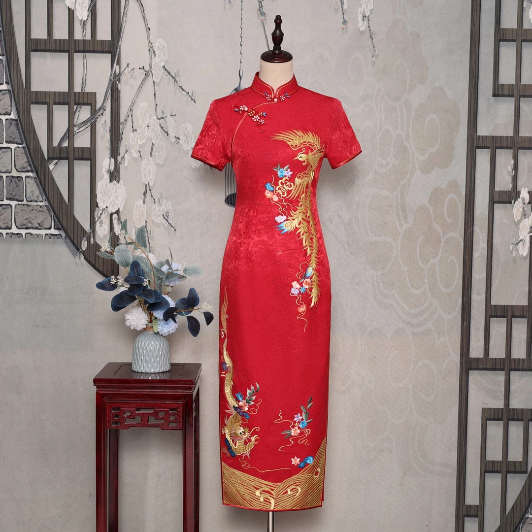 YUANZUEN/袁尊大红提花真丝手推绣旗袍走秀喜婆婆妈妈婚礼中国风