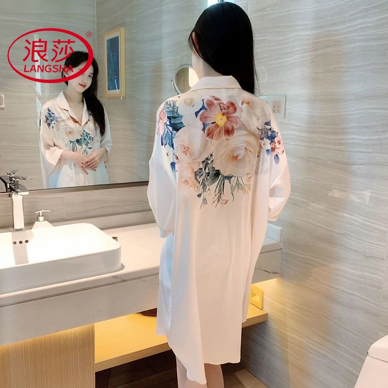 浪莎冰丝睡裙女夏季新款高级感薄款大码网红衬衫睡衣外穿家居服