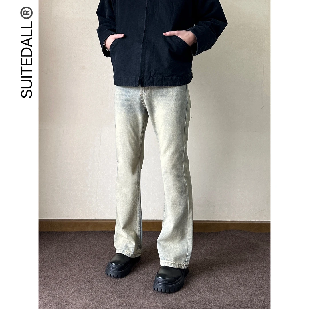 SUITEDALL黄泥染 微喇叭软牛仔裤水洗复古做旧高街百搭修身长裤子
