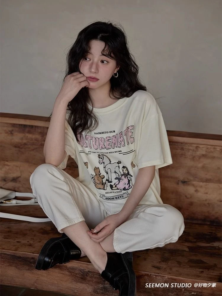 街头风卡通动漫印花短袖T恤女休闲潮流洋气可爱减龄百搭上衣女夏