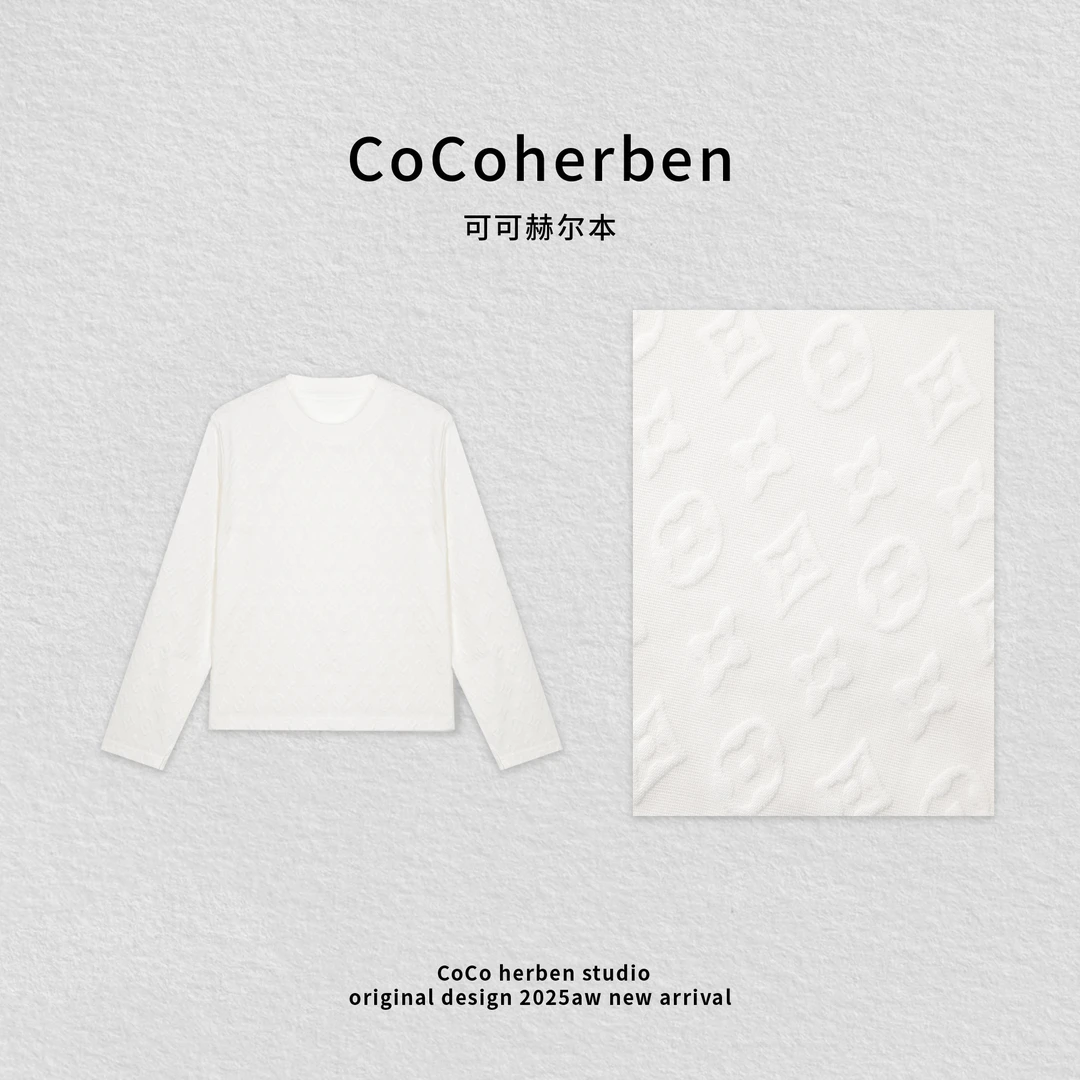 【云仓奢品】新款浮雕花纹圆领针织衫女轻奢白色长袖上衣HBT0573